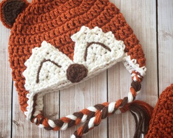 Little Mr. Fox Earflap Beanie in Burnt Orange Ecru and Brown Available in Newborn to Child Size- MADE TO ORDER