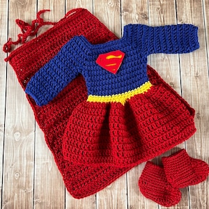 Super Girl Inspired Costume/Crochet Super Girl Dress/Super Hero Photo Prop Newborn to 12 Months- MADE TO ORDER