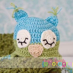 Mr Sleepy Owl Beanie in Aqua Blue and Celery Green Available in Newborn to 5 Years Size MADE TO ORDER image 4