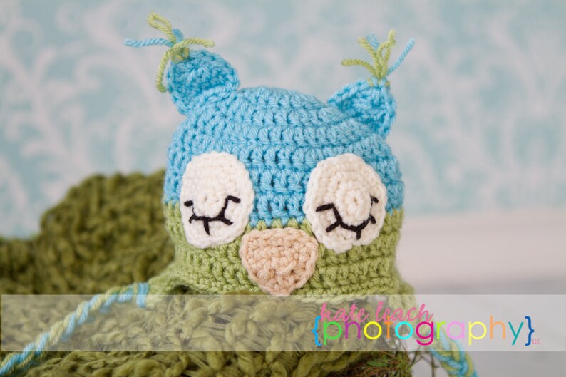 Mr Sleepy Owl Beanie in Aqua Blue and Celery Green Available in Newborn to 5 Years Size MADE TO ORDER image 4