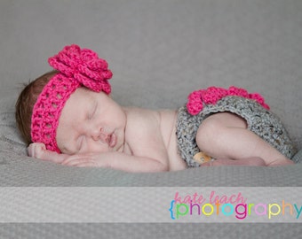 The Bella Headband and Matching Diaper Cover in Gray and Hot Pink Available in Newborn to 24 Months Size- MADE TO ORDER