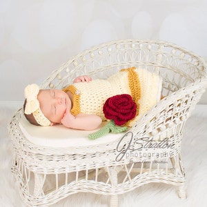 Princess Belle Beauty and the Beast Inspired Costume/Crochet Princess Belle Dress/Princess Photo Prop Newborn to 12 Months MADE TO ORDER image 4