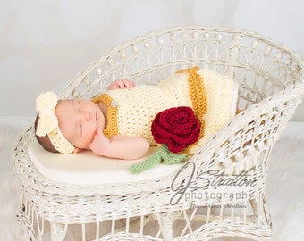 Princess Belle Beauty and the Beast Inspired Costume/Crochet Princess Belle Dress/Princess Photo Prop Newborn to 12 Months- MADE TO ORDER