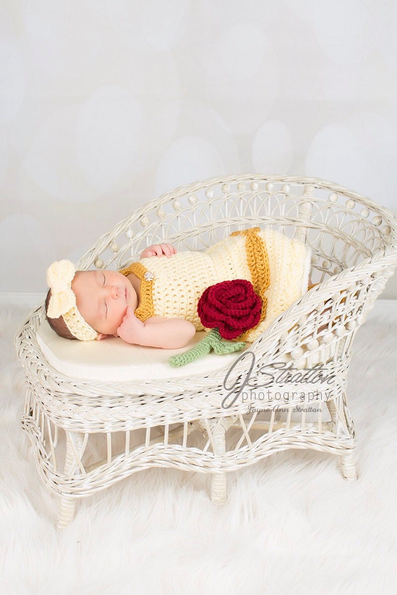 Princess Belle Beauty and the Beast Inspired Costume/Crochet Princess Belle Dress/Princess Photo Prop Newborn to 12 Months MADE TO ORDER image 4