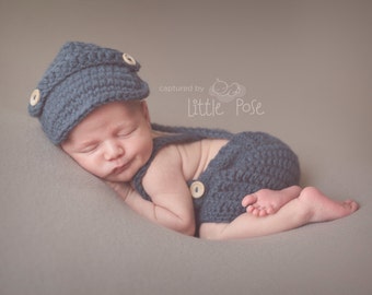 Oliver Newsboy Cap with Crochet Baby Shorts/Pants with Suspenders in Denim Blue Available in 0-3 Month Size- READY TO SHIP