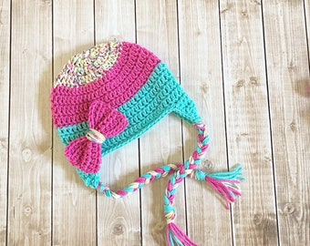 Big Bow Beanie in Hot Pink, Teal and Blossomopolis Available in Newborn to Child Size- MADE TO ORDER