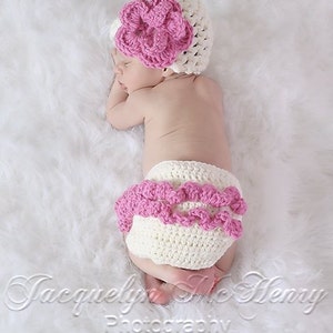 The Emma Beanie in Ecru and Bright Pink with Matching Diaper Cover Available in Newborn to 12 Months- MADE TO ORDER