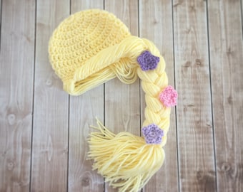 Princess Rapunzel Inspired Hat/ Crochet Princess Rapunzel Wig/ Available in Newborn to Child Size- MADE TO ORDER
