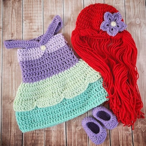 Princess Ariel Inspired Mermaid Dress Costume/Princess Ariel Dress/Ariel Wig Hat/Princess Photo Prop Newborn to 12 Months- MADE TO ORDER