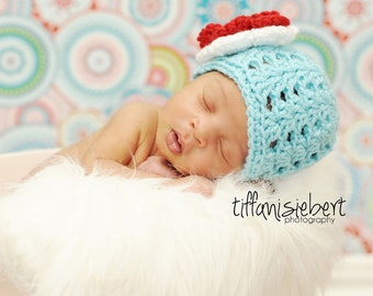 The Ashlee Beanie in Teal, Red and White Available in Newborn to Tween Size- MADE TO ORDER