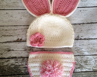 Bunny Beanie/Easter Costume/Bunny Hat/Floppy Ear Bunny Hat with Matching Diaper Cover in Size Newborn to 24 Months Size- MADE TO ORDER