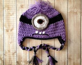 Evil Minion Inspired Beanie in Purple, Black and Gray Available in Newborn to 5 Years Size- MADE TO ORDER