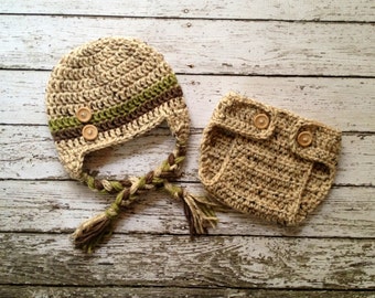 Button Beanie in Oatmeal, Olive Green and Taupe with Matching Diaper Cover Available in Newborn to 24 Month Size- MADE TO ORDER