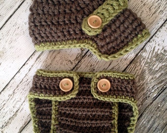 The Oliver Newsboy Cap in Taupe and Olive Green  with Matching Diaper Cover Available in Newborn to 24 Months Size- MADE TO ORDER