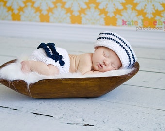 Little Miss Sailor Hat in White and Navy Blue with Matching Ruffle Diaper Cover Available in Newborn to 24 Months Size- MADE TO ORDER