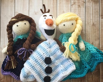 Anna, Elsa and Olaf inspired Lovey/ Security Blanket/ Plush Doll/ Stuffed Toy/ Soft Toy Doll/ Amigurumi Doll/ Frozen Dolls- MADE TO ORDER