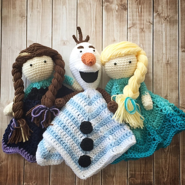 Anna, Elsa and Olaf inspired Lovey/ Security Blanket/ Plush Doll/ Stuffed Toy/ Soft Toy Doll/ Amigurumi Doll/ Frozen Dolls- MADE TO ORDER