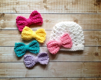 The Ashlee Beanie in White with Five Interchangeable Bows Available in Newborn to Tween Size- MADE TO ORDER