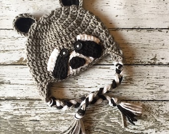 Little Mr. Raccoon Earflap Beanie in Gray, Black and White Available in Newborn to Child Size- MADE TO ORDER