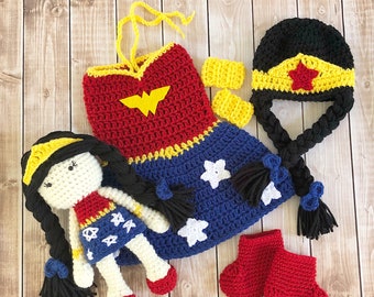 Wonder Woman Inspired Costume and Matching Doll/Baby Shower Gift Set/Super Hero Photo Prop Newborn to 12 Months- MADE TO ORDER