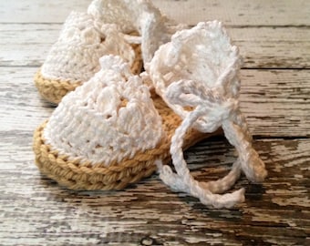 Baby Espadrille Sandals/Baby Shoes/Soft Shoes/Strappy Sandals in Taupe and White Available in 0-6 Months and 6-12 Months- MADE TO ORDER