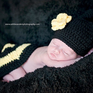 Little Miss Bumble Bee Beanie in Black and Yellow Available in Newborn to 6 Months Size MADE TO ORDER image 2