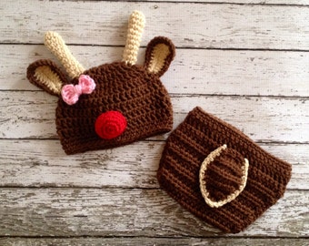 Little Miss Reindeer Beanie and Matching Diaper Cover in Chocolate Brown, Tan and Red/ Reindeer Costume 5 Sizes- MADE TO ORDER