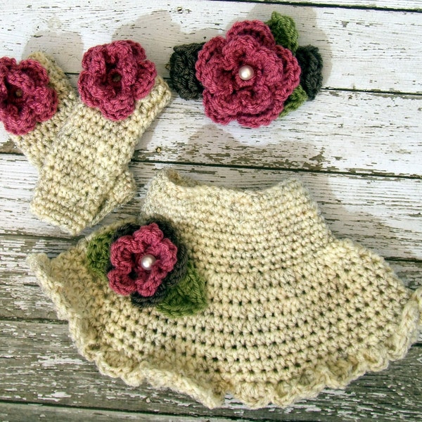 Ruffle Skirt in Wheat, Taupe, and Pink Rose with Matching Headband and Leg Warmers Available in 3 Sizes- MADE TO ORDER