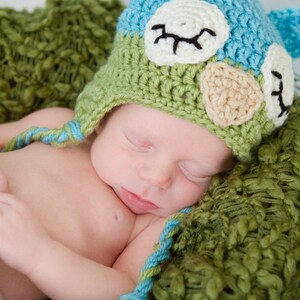 Mr Sleepy Owl Beanie in Aqua Blue and Celery Green Available in Newborn to 5 Years Size MADE TO ORDER image 2