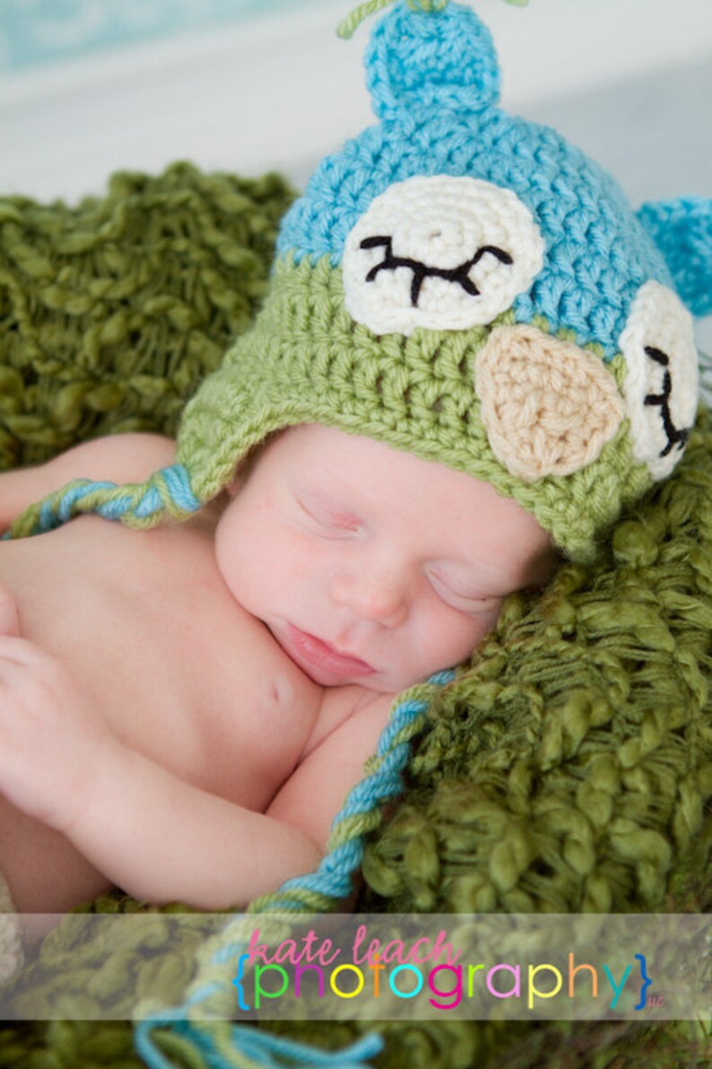 Mr Sleepy Owl Beanie in Aqua Blue and Celery Green Available in Newborn to 5 Years Size MADE TO ORDER image 2