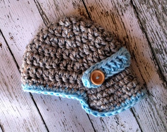 The Oliver Newsboy Cap/Visor Beanie/Baby Newsboy Hat in Gray and Baby Blue Available in Newborn to 4 Years Size- MADE TO ORDER
