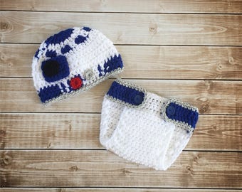 R2D2 Inspired Hat with Matching Diaper Cover/ R2D2 Costume/ Star Wars Inspired Hat Available in Newborn to 24 Months Size- MADE TO ORDER