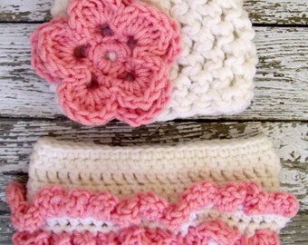 The Emma Beanie in White and Baby Pink with Matching Diaper Cover Available in Newborn to 12 Months- MADE TO ORDER