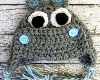 Mr Hippo Beanie in Baby Blue and Gray Available in Newborn to Adult Size- MADE TO ORDER