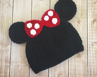 Minnie Mouse Inspired Hat/ Crochet Minnie Mouse Hat/ Available in Newborn to Adult Size- MADE TO ORDER