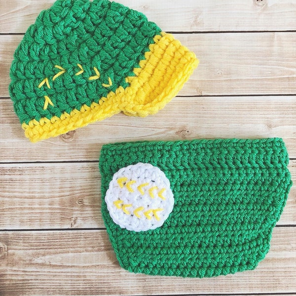 Oakland A’s Inspired Baseball Newsboy Cap and Diaper Cover in Green, Yellow and White Available in Newborn to 24 Month Size- MADE TO ORDER
