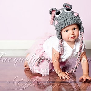 Miss Hippo Beanie in Baby Pink and Gray Available in Newborn to Adult Size- MADE TO ORDER