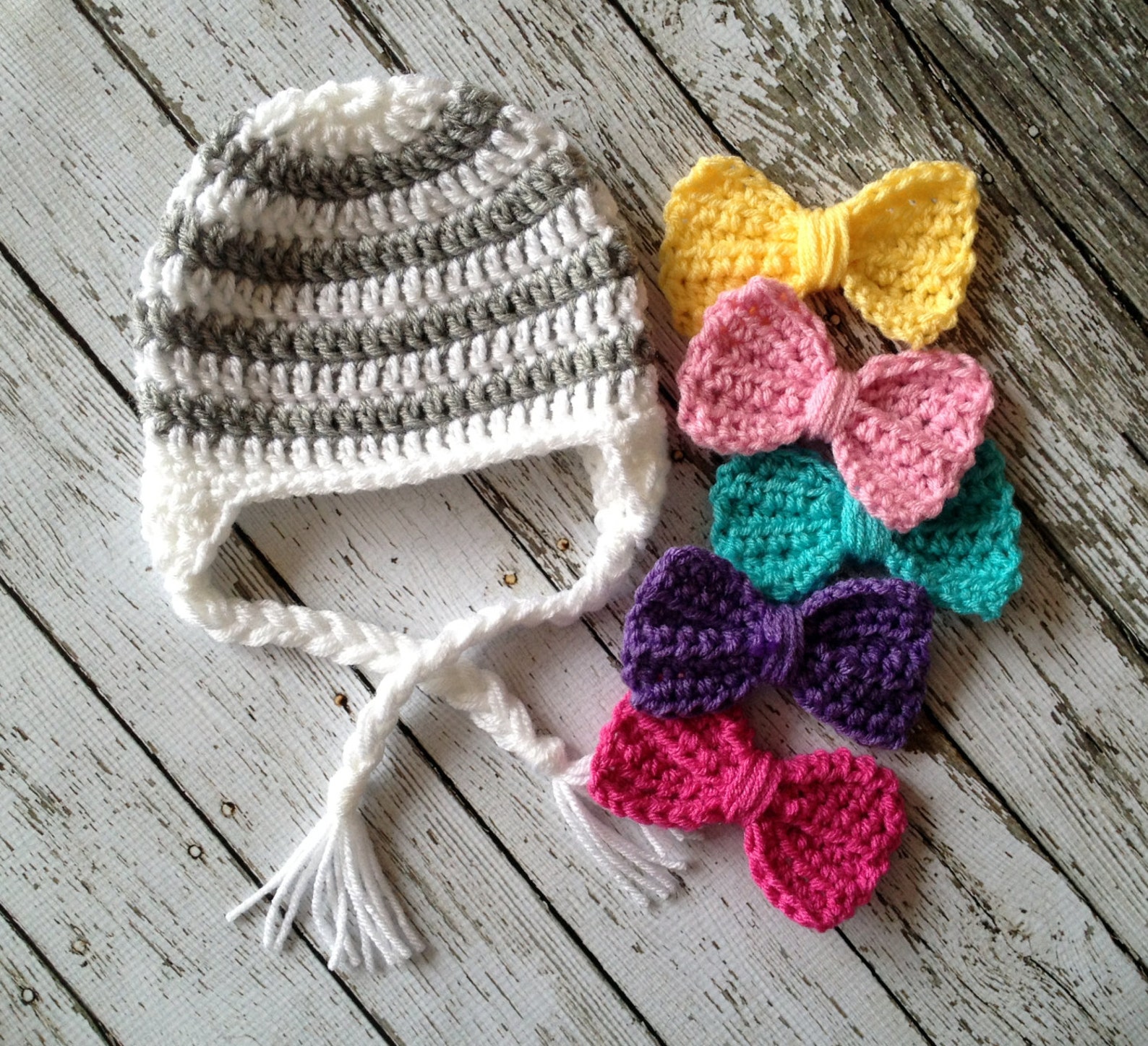 Stripe Big Bow Beanie in White and Gray With Five Detachable Etsy