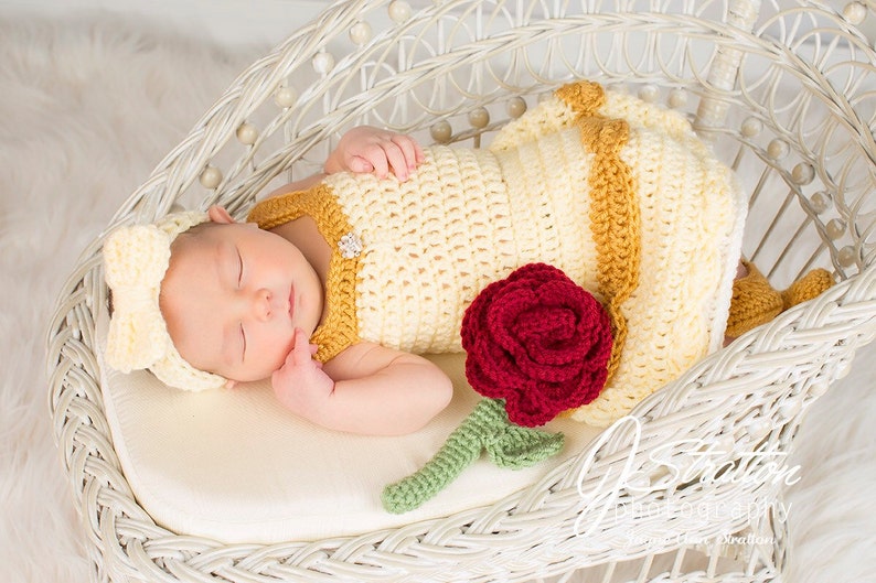 Princess Belle Beauty and the Beast Inspired Costume/Crochet Princess Belle Dress/Princess Photo Prop Newborn to 12 Months MADE TO ORDER image 5