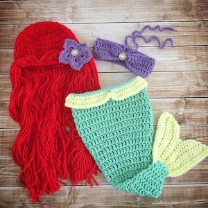 Princess Ariel Inspired Mermaid Costume/Princess Ariel Mermaid Tail/Ariel Wig Hat/Princess Photo Prop Newborn to 12 Months- MADE TO ORDER