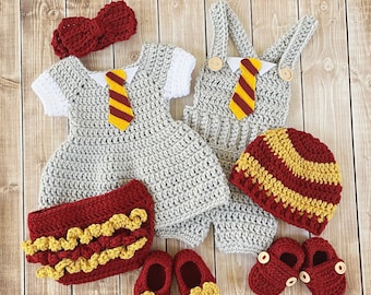 Twin Wizard Costumes/Crochet Wizard Dress and Romper/First Birthday Photo Prop Newborn to 12 Months- MADE TO ORDER