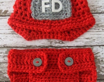 Firefighter Helmet in Red, Gray and White With Matching Diaper Cover Available in Newborn to 12 Month Size- MADE TO ORDER