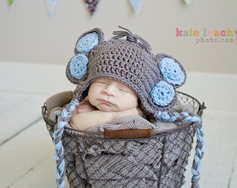 Little Mr Elephant Beanie in Gray and Baby Blue Available in Newborn to 5 Years Size- MADE TO ORDER