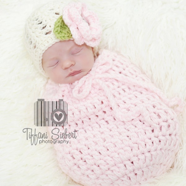 Swaddle Sack and Matching Beanie in Pale Pink, Ecru and Celery Green in Newborn Size- MADE TO ORDER