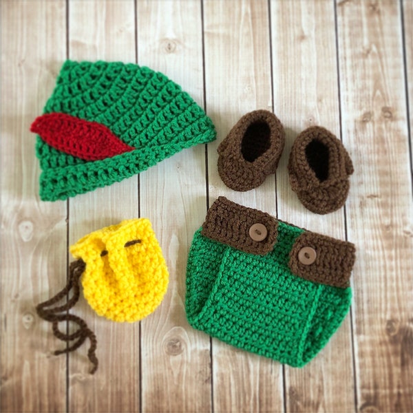 Peter Pan Inspired Hat, Diaper Cover, Shoes, and Bag/Peter Pan Costume/ Peter Pan Hat Available in Newborn to 12 Month Size- MADE TO ORDER