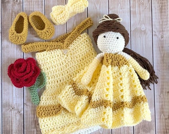 Princess Belle Beauty and the Beast Inspired Costume with Matching Doll/Crochet Princess Belle Dress Newborn to 12 Month Size- MADE TO ORDER