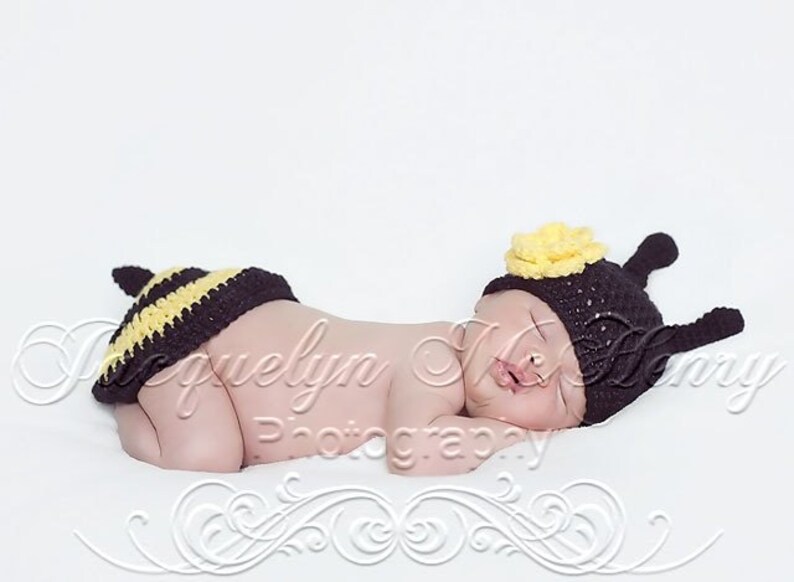 Little Miss Bumble Bee Beanie in Black and Yellow Available in Newborn to 6 Months Size MADE TO ORDER image 5