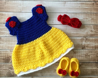 Princess Snow White Inspired Costume/Crochet Princess Snow White Dress/Snow White/Princess Photo Prop Newborn to 12 Months- MADE TO ORDER