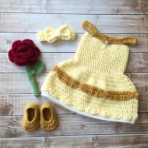 Princess Belle Beauty and the Beast Inspired Costume/Crochet Princess Belle Dress/Princess Photo Prop Newborn to 12 Months MADE TO ORDER image 1