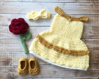Princess Belle Beauty and the Beast Inspired Costume/Crochet Princess Belle Dress/Princess Photo Prop Newborn to 12 Months- MADE TO ORDER